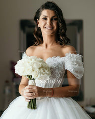 Glamorous White Sweetheart Off-The-Shoulder Sleeveless Ball Gown Cathedral Train Tulle Wedding Dresses