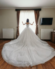 Glamorous White Sweetheart Off-The-Shoulder Sleeveless Ball Gown Cathedral Train Tulle Wedding Dresses