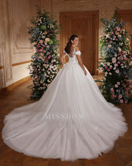 Glamorous White Sweetheart Off-The-Shoulder Sleeveless Sequined Ball Gown Cathedral Train Tulle Wedding Dresses With Appliques