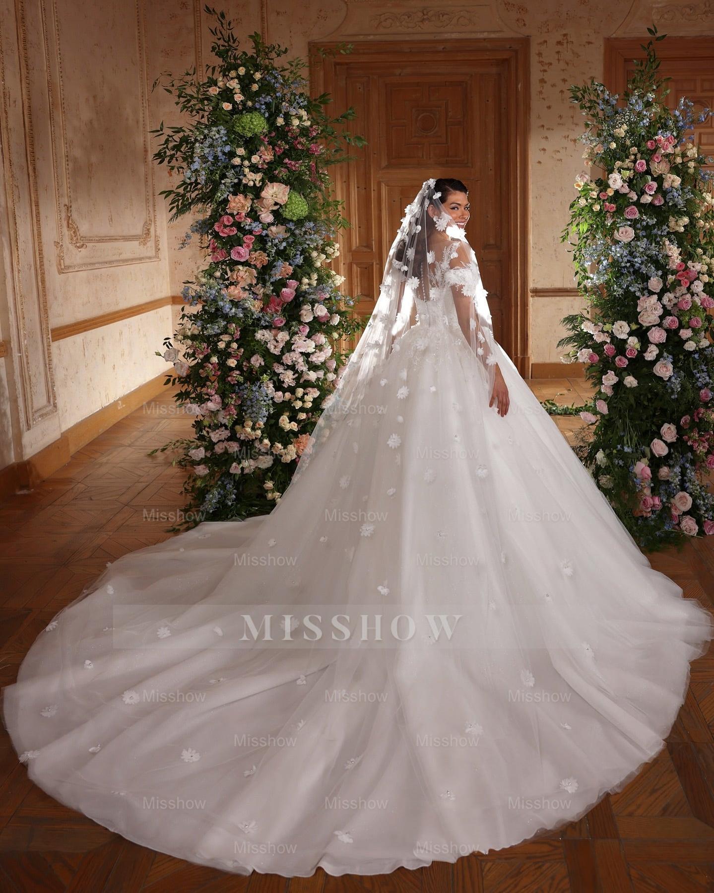 Glamorous White Sweetheart Off-The-Shoulder Sleeveless Sequined Ball Gown Cathedral Train Tulle Wedding Dresses With Appliques
