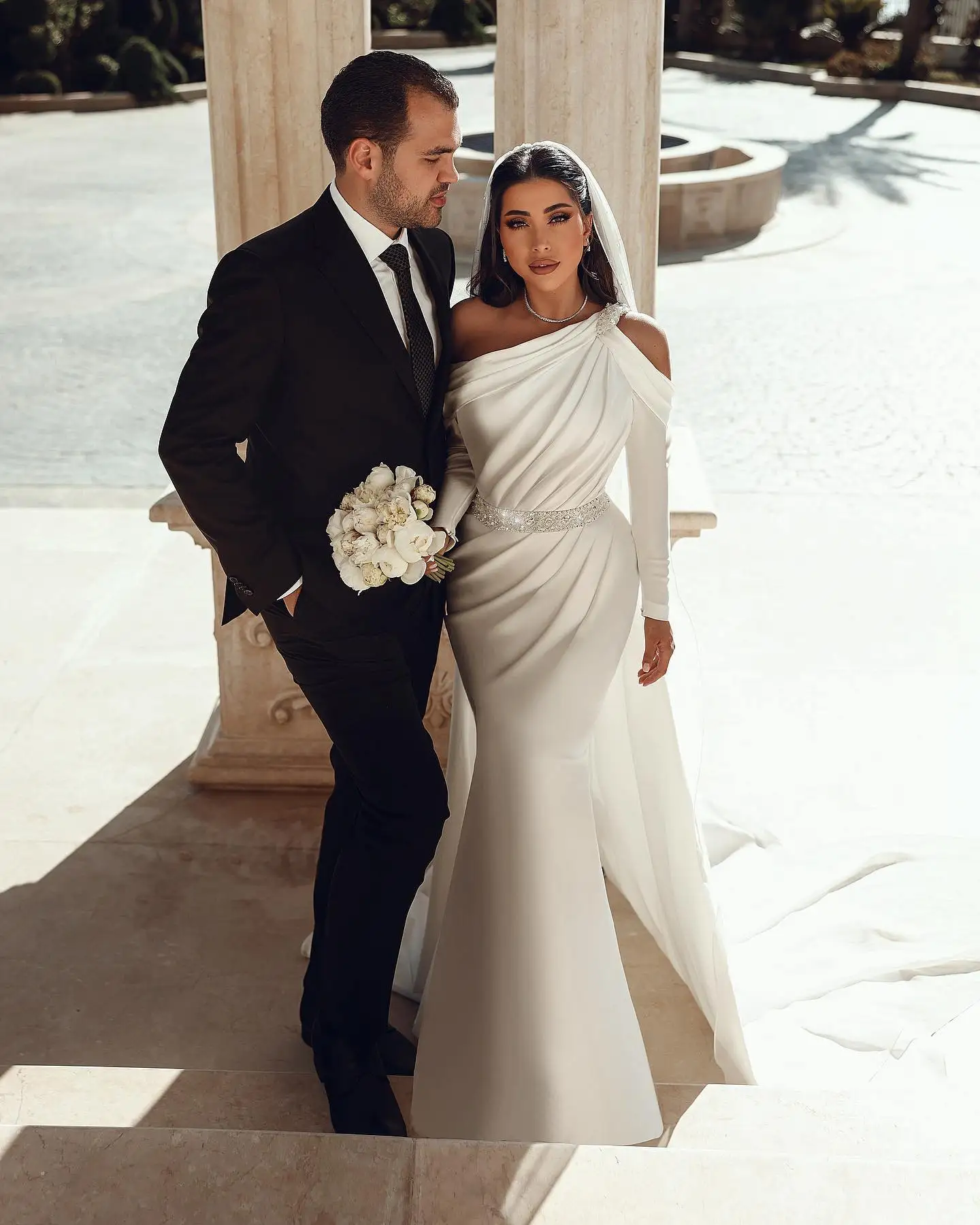 Glamorous one shoulder long sleeves mermaid satin Wedding dress with ruffles