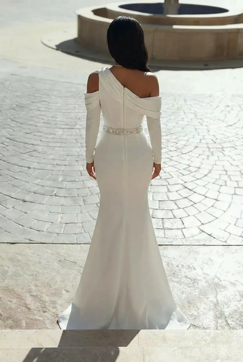 Glamorous one shoulder long sleeves mermaid satin Wedding dress with ruffles