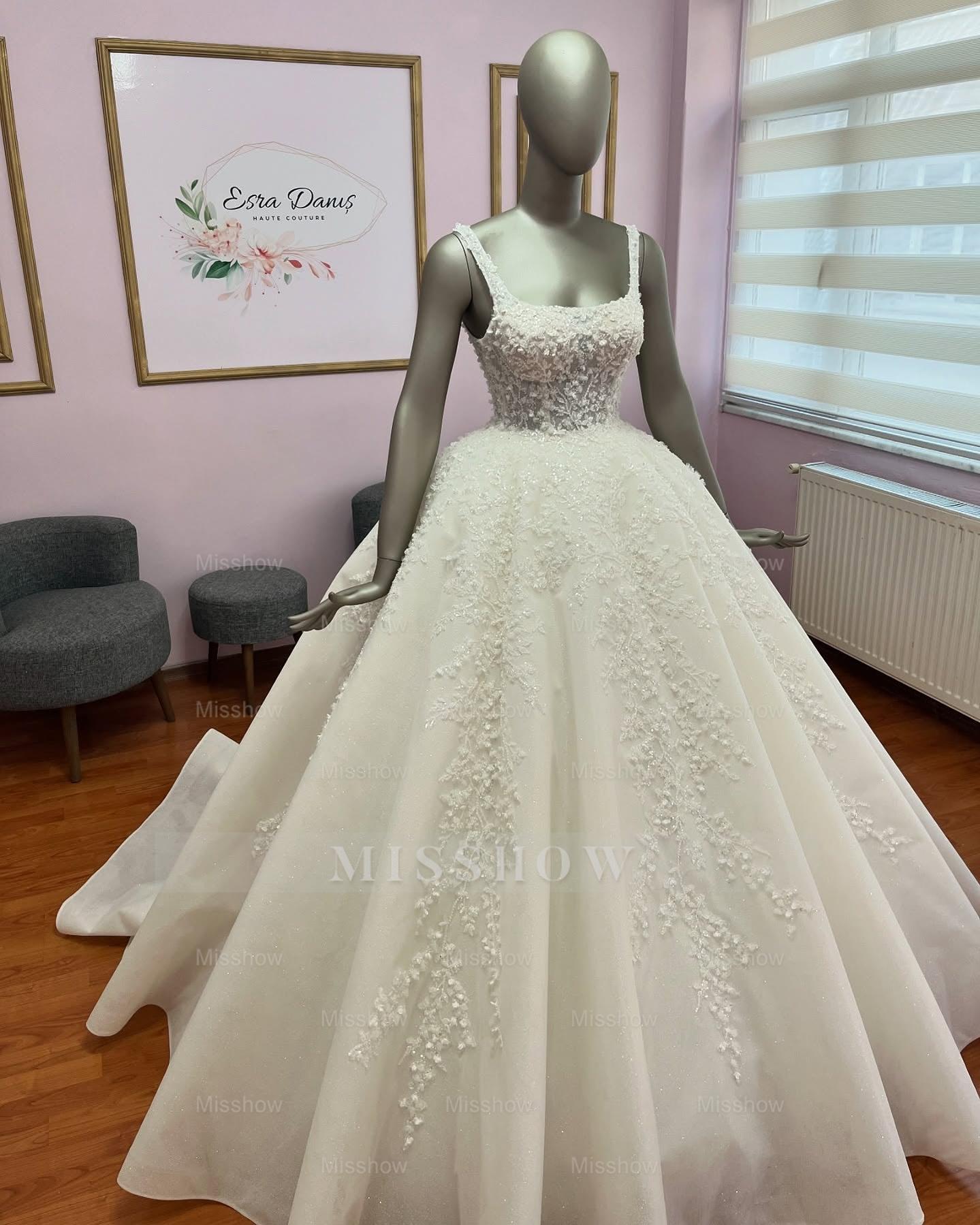 Glamourous Ivory Square-Neck Sleeveless Ball Gown Wedding Dress with Appliques