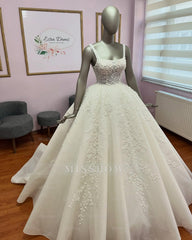 Glamourous Ivory Square-Neck Sleeveless Ball Gown Wedding Dress with Appliques