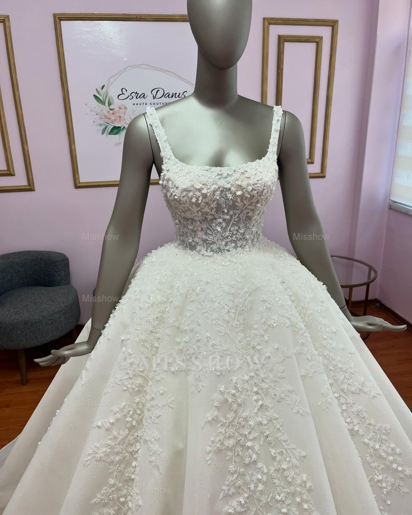 Glamourous Ivory Square-Neck Sleeveless Ball Gown Wedding Dress with Appliques