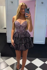 Glitter Black Strapless A-Line Corset Short Homecoming Dress with Beading