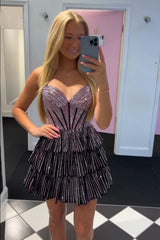 Glitter Black Strapless A-Line Corset Short Homecoming Dress with Beading