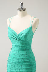 Glitter Green Spaghetti Straps Bodycon Homecoming Dress with Beading