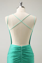 Glitter Green Spaghetti Straps Bodycon Homecoming Dress with Beading
