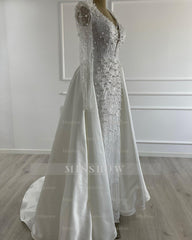 Glittering Ivory Deep-V-Neck Long-Sleeve Beaded Mermaid Wedding Dress with Detachable Train