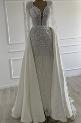 Glittering Ivory Deep-V-Neck Long-Sleeve Beaded Mermaid Wedding Dress with Detachable Train