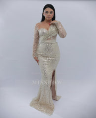 Glittering Long Ivory Asymmetric Long-Sleeve Beaded Mermaid Formal Dress with Sequins and Slit