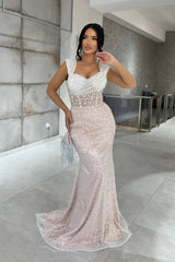 Glittering Long White and Pink Mermaid Sweetheart Sleeveless Evening Dress with Sequins