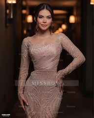 Glittering Pink Scoop Long-Sleeve Mermaid Formal Dress with Appliques and Sequins
