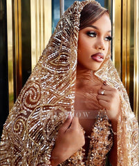 Gold Beaded Off-the-shoulder Prom Dress V-neck Mermaid Gown with Veil