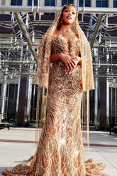 Gold Beaded Off-the-shoulder Prom Dress V-neck Mermaid Gown with Veil