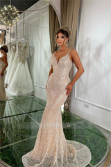 Gold Champaign V-Neck Sleeveless Mermaid Sequined Beaded Floor Length Formal Evening Dress