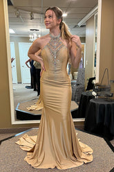 Gold Glitter Mermaid Prom Dress with Beaded Halter Neck