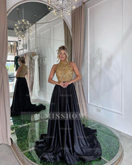 Gold High Neck Sleeveless Sequined A-Line Satin Floor Length Formal Evening Dress