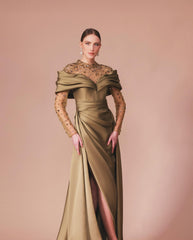 Gold Illusion High Neck Long Sleeve Satin A-line Formal Dress Beading Rhinestone Split Front Sweep Train Evening Gown