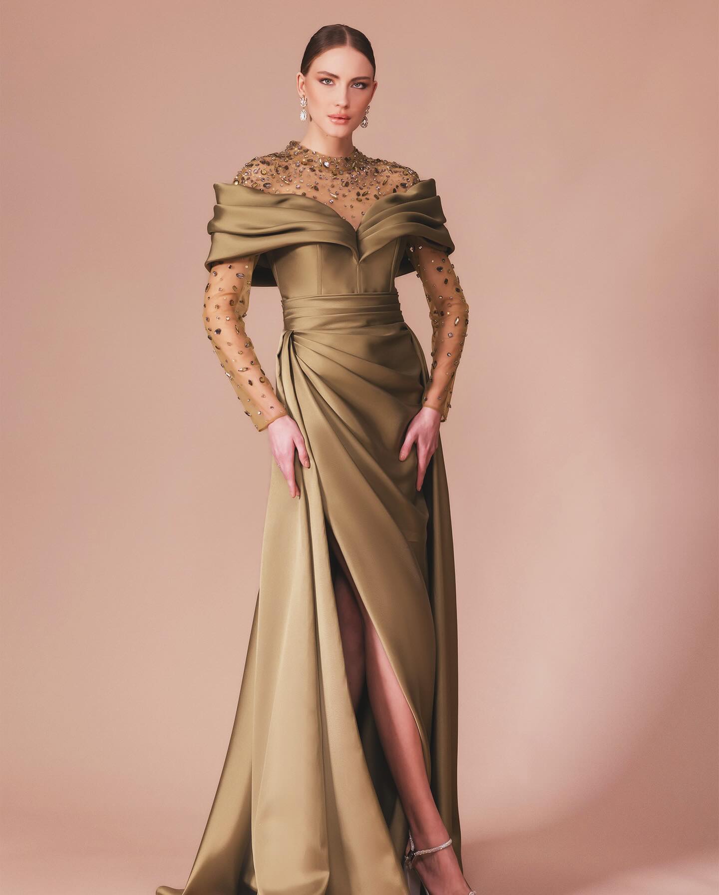 Gold Illusion High Neck Long Sleeve Satin A-line Formal Dress Beading Rhinestone Split Front Sweep Train Evening Gown