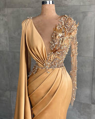 Gold Long Glitter Prom Evening Dresses Evening dresses with sleeves