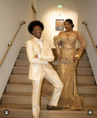 Gold Mermaid Evening Dress Illusion Off Shoulder Long Sleeve 3D Sculptural Gold Floral Cluster Crystal Pearl Botanical Beaded Glitter Lace Sweep Train Gown