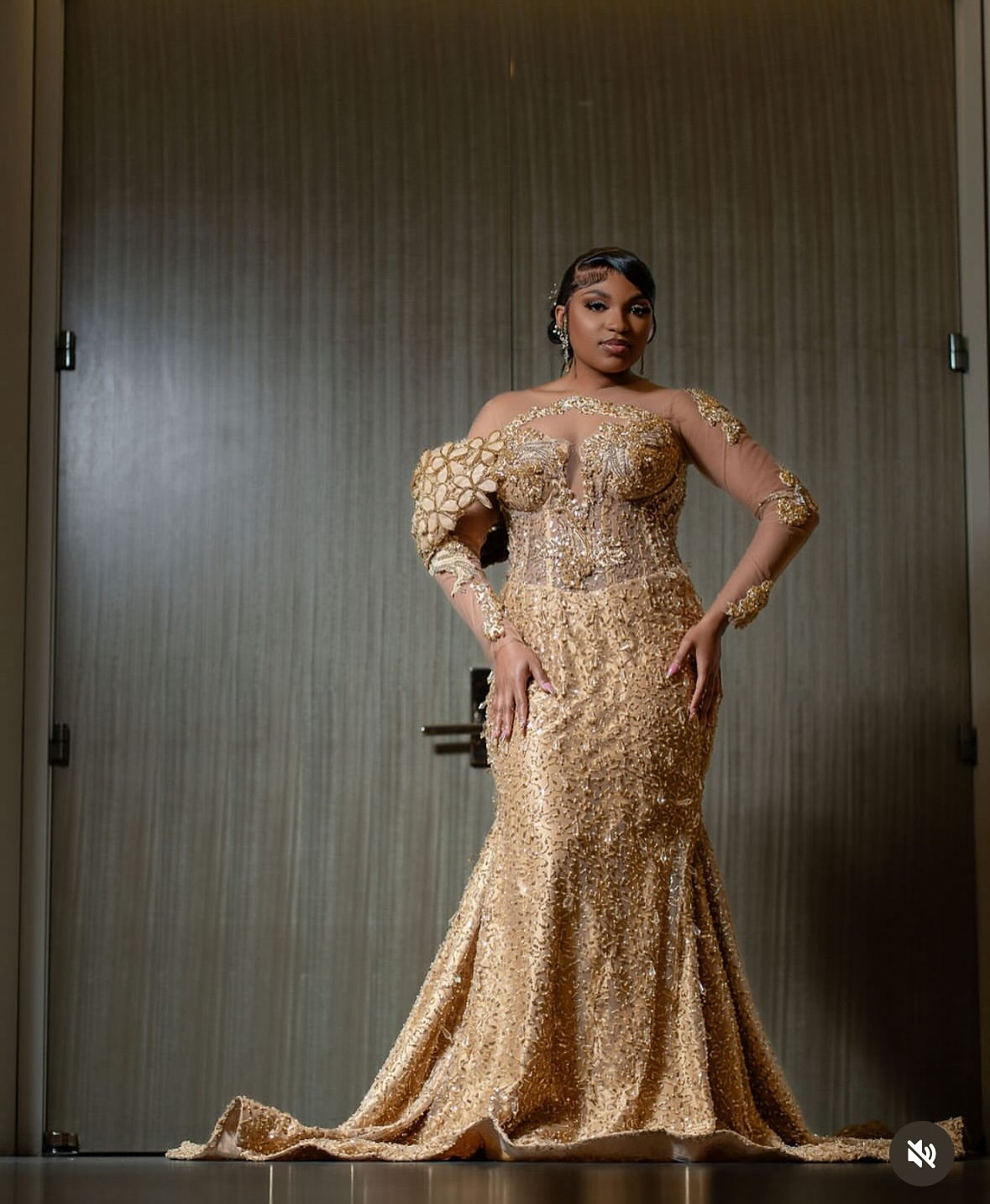 Gold Mermaid Evening Dress Illusion Off Shoulder Long Sleeve 3D Sculptural Gold Floral Cluster Crystal Pearl Botanical Beaded Glitter Lace Sweep Train Gown