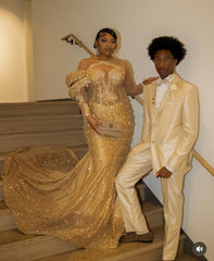 Gold Mermaid Evening Dress Illusion Off Shoulder Long Sleeve 3D Sculptural Gold Floral Cluster Crystal Pearl Botanical Beaded Glitter Lace Sweep Train Gown