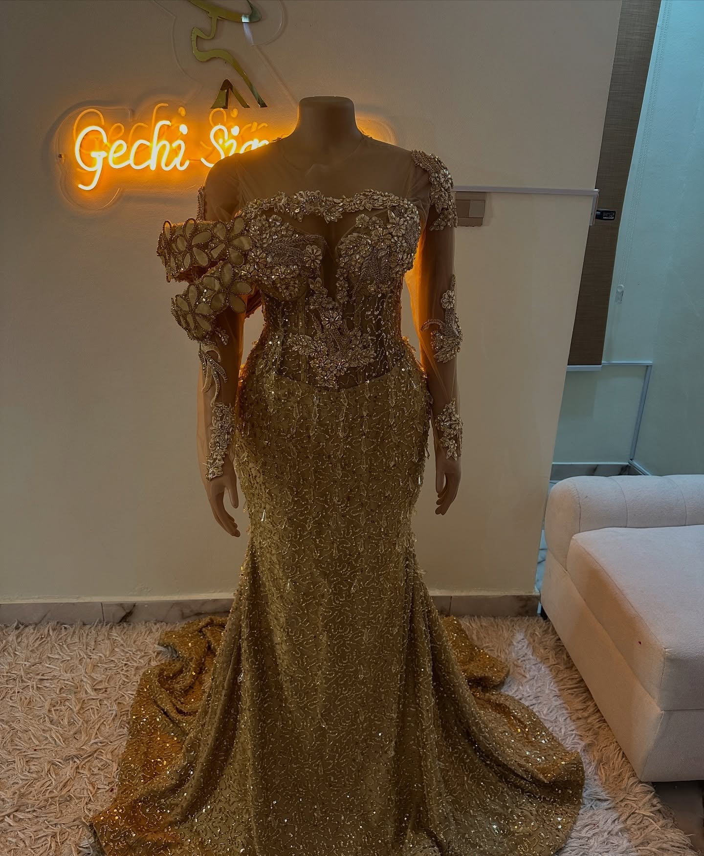 Gold Mermaid Evening Dress Illusion Off Shoulder Long Sleeve 3D Sculptural Gold Floral Cluster Crystal Pearl Botanical Beaded Glitter Lace Sweep Train Gown