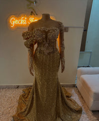 Gold Mermaid Evening Dress Illusion Off Shoulder Long Sleeve 3D Sculptural Gold Floral Cluster Crystal Pearl Botanical Beaded Glitter Lace Sweep Train Gown