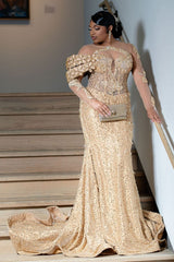 Gold Mermaid Evening Dress Illusion Off Shoulder Long Sleeve 3D Sculptural Gold Floral Cluster Crystal Pearl Botanical Beaded Glitter Lace Sweep Train Gown
