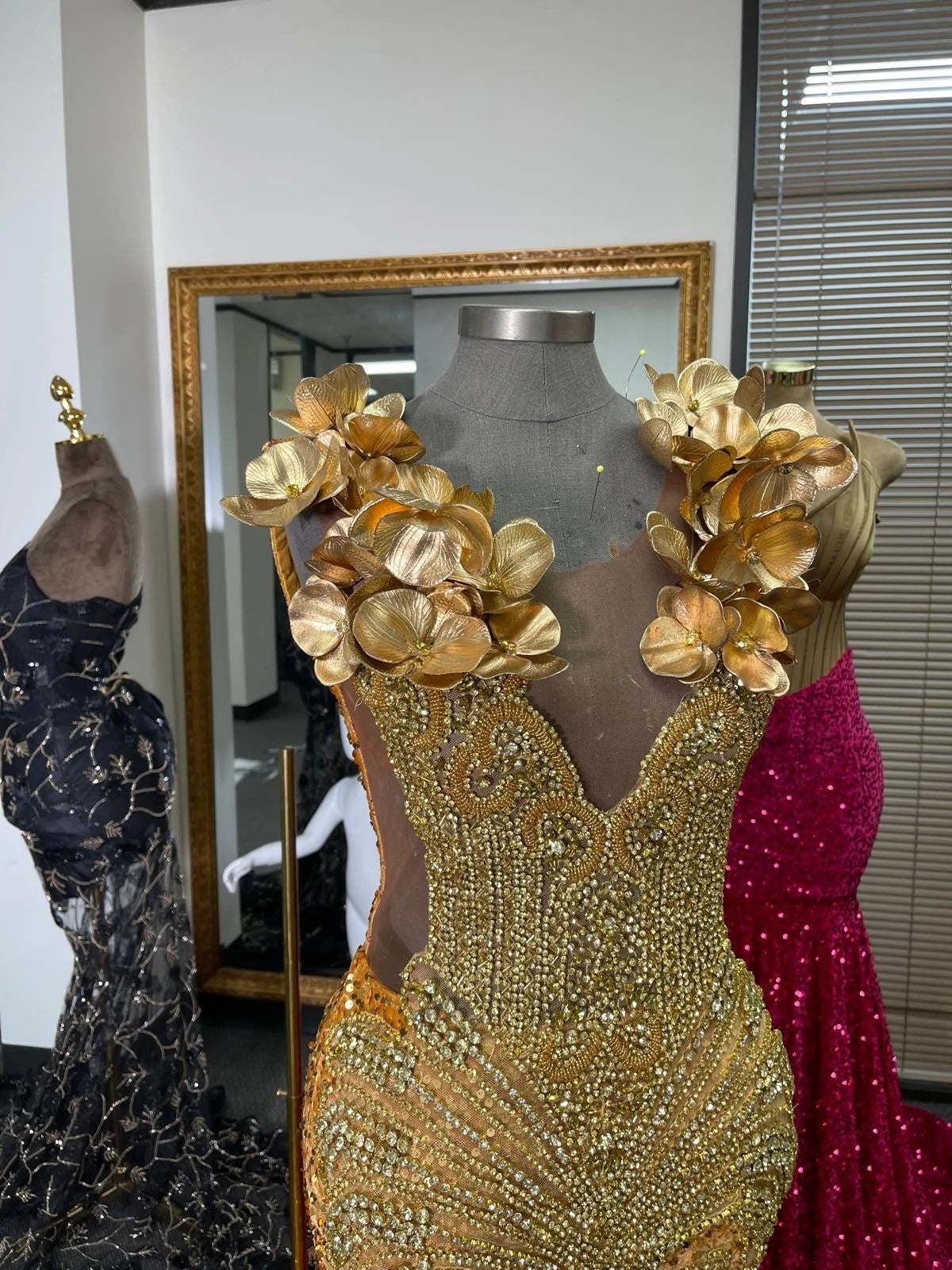Gold Mermaid Prom Dress Deep V Neck 3D Sculptural Gold Orchid Flower Shoulder Crystal Fan Radial Beaded Illusion Corset Keyhole Open Back Sequin Cathedral Train Gown
