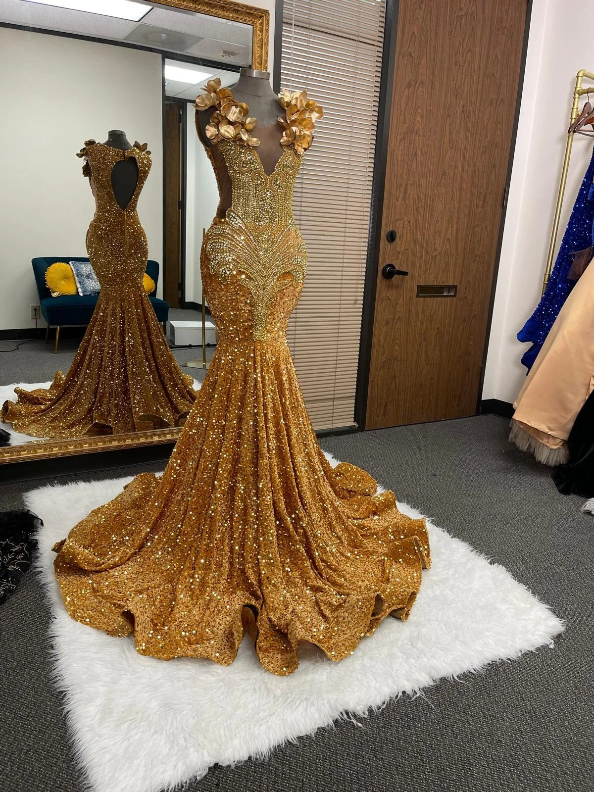 Gold Mermaid Prom Dress Deep V Neck 3D Sculptural Gold Orchid Flower Shoulder Crystal Fan Radial Beaded Illusion Corset Keyhole Open Back Sequin Cathedral Train Gown