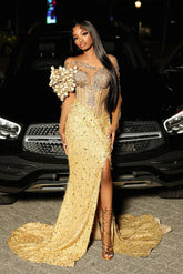 Gold Mermaid Prom Dress Illusion Off Shoulder Deep V 3D Sculptural Petal Leaf Cluster Sheer Crystal Feather Chevron Radial Beaded 3D Micro Feather Texture High Split Sweep Train Gown