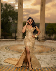 Gold Mermaid Prom Dress Off Shoulder Sweetheart 3D Gold Leaf Floral Applique Shoulder All-Over Gold Sequin Heavy Crystal Rhinestone Corset High Split Sweep Train Gown
