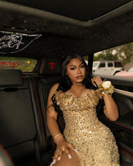 Gold Mermaid Prom Dress Off Shoulder Sweetheart 3D Gold Leaf Floral Applique Shoulder All-Over Gold Sequin Heavy Crystal Rhinestone Corset High Split Sweep Train Gown