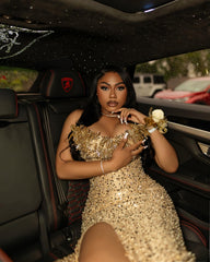 Gold Mermaid Prom Dress Off Shoulder Sweetheart 3D Gold Leaf Floral Applique Shoulder All-Over Gold Sequin Heavy Crystal Rhinestone Corset High Split Sweep Train Gown