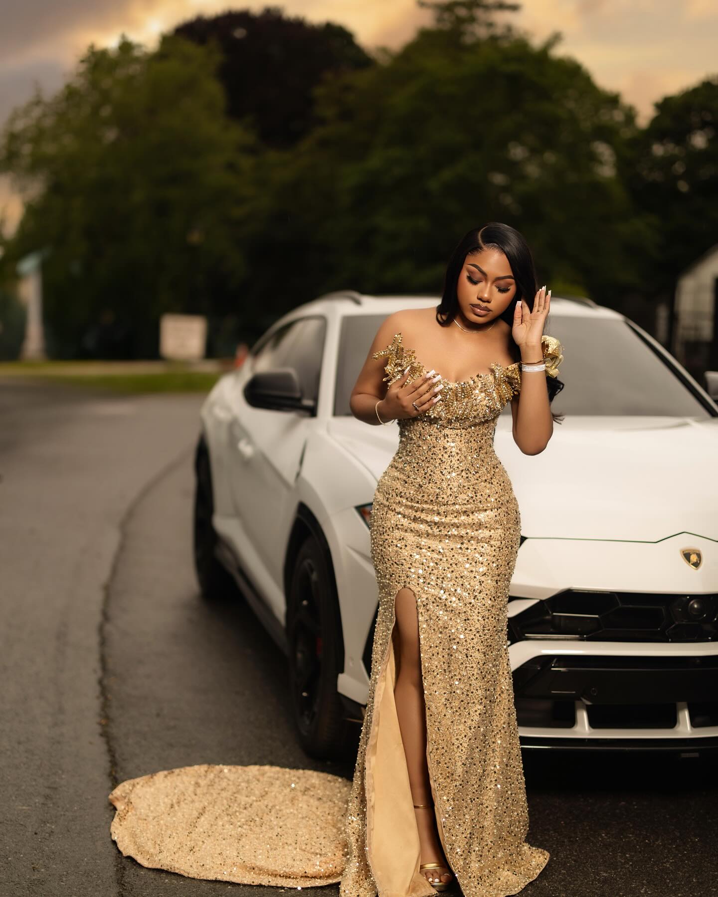 Gold Mermaid Prom Dress Off Shoulder Sweetheart 3D Gold Leaf Floral Applique Shoulder All-Over Gold Sequin Heavy Crystal Rhinestone Corset High Split Sweep Train Gown