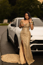 Gold v-neck front-split mermaid prom dress