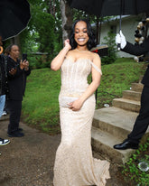 Gold Mermaid Prom Dress Off Shoulder Sweetheart Sheer Illusion Boned Corset Heavy Gold Pearl Crystal Beading Beaded Off-Shoulder Strap All-Over Gold Sequin Scattered Rhinestone Sweep Train Gown