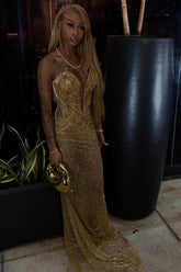 Gold Mermaid Prom Dress Spaghetti Straps Deep V Sheer Illusion Boned Corset All-Over Crystal Rhinestone Scatter Beaded Glitter Sequin Open Back Lace-Up Sweep Train Gown