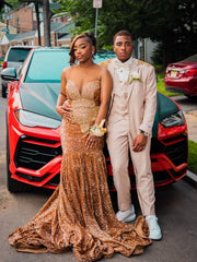 Gold Mermaid Prom Dress Strapless Deep V Sweetheart All-Over Sequin 3D Fan Radial Beading Medallion Waist Open Back Keyhole Sweep Train Gown