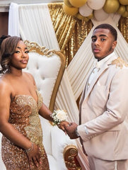 Gold Mermaid Prom Dress Strapless Deep V Sweetheart All-Over Sequin 3D Fan Radial Beading Medallion Waist Open Back Keyhole Sweep Train Gown