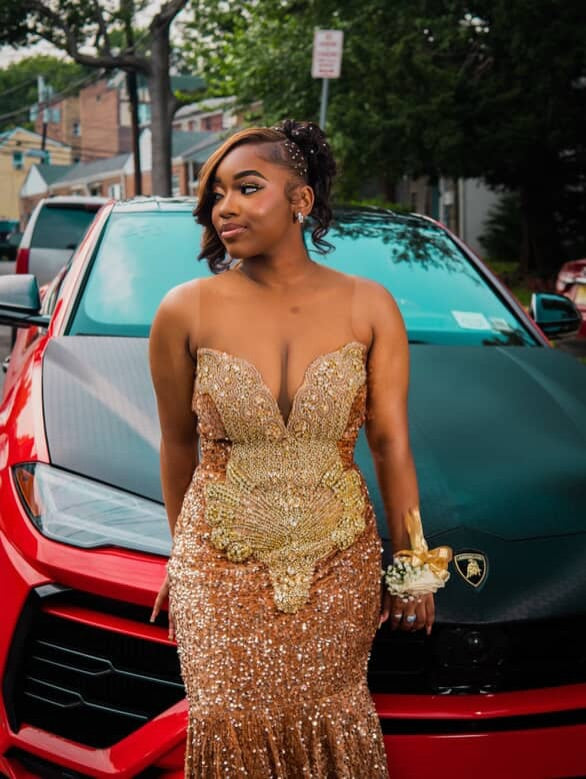 Gold Mermaid Prom Dress Strapless Deep V Sweetheart All-Over Sequin 3D Fan Radial Beading Medallion Waist Open Back Keyhole Sweep Train Gown