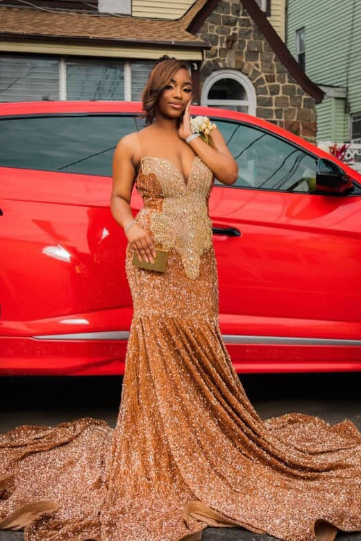 Gold Mermaid Prom Dress Strapless Deep V Sweetheart All-Over Sequin 3D Fan Radial Beading Medallion Waist Open Back Keyhole Sweep Train Gown