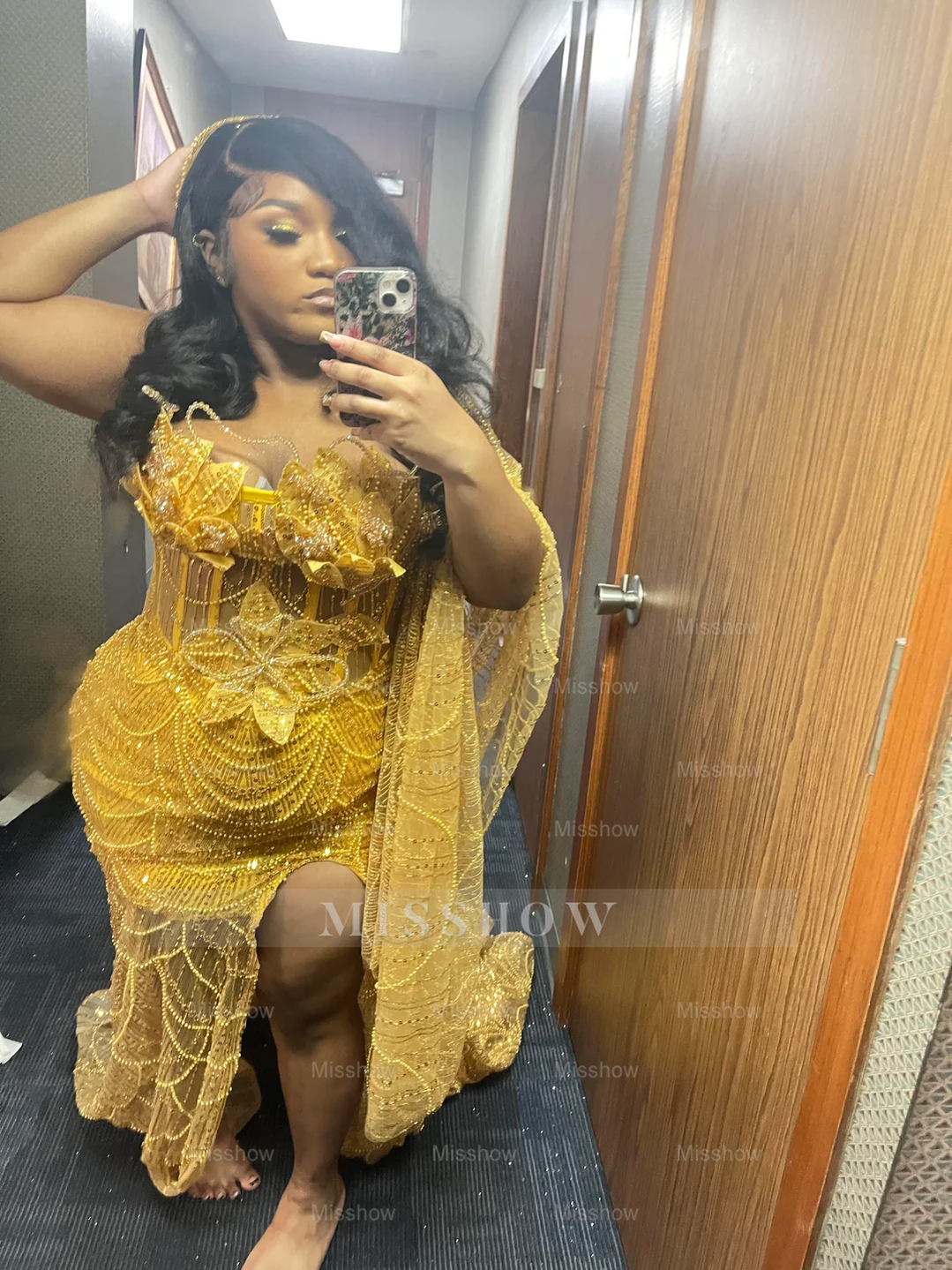 Gold Mermaid Prom Dress Strapless Sweetheart 3D Floral Leaf Beaded Chain Fringe Sheer Mesh High Slit Luxury Evening Gown with Court Train