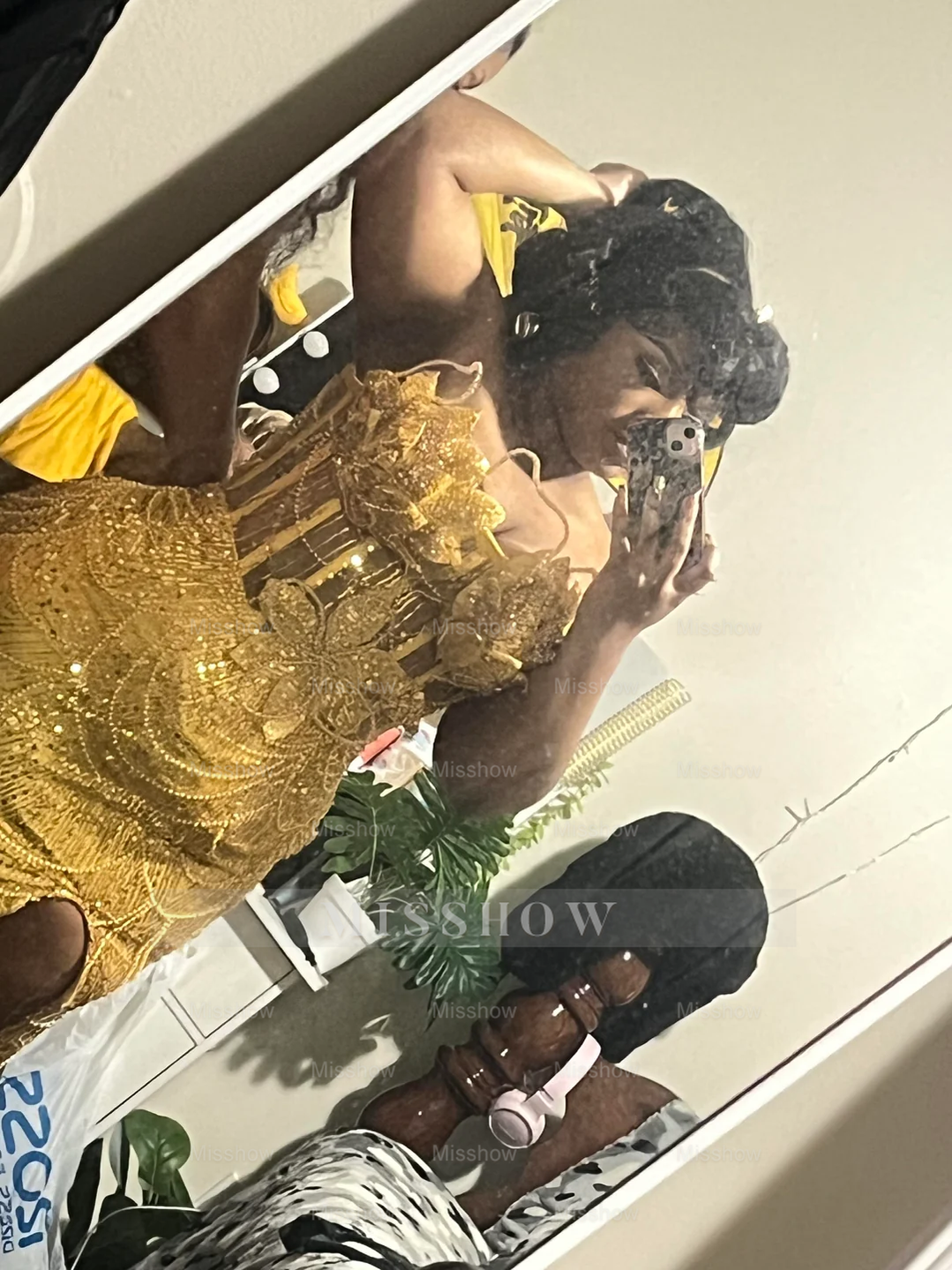 Gold Mermaid Prom Dress Strapless Sweetheart 3D Floral Leaf Beaded Chain Fringe Sheer Mesh High Slit Luxury Evening Gown with Court Train