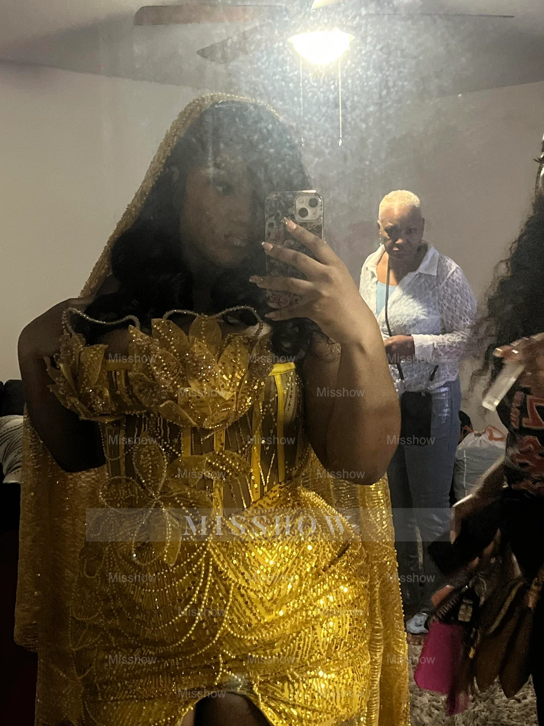 Gold Mermaid Prom Dress Strapless Sweetheart 3D Floral Leaf Beaded Chain Fringe Sheer Mesh High Slit Luxury Evening Gown with Court Train