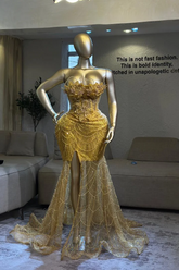 Gold Mermaid Prom Dress Strapless Sweetheart 3D Floral Leaf Beaded Chain Fringe Sheer Mesh High Slit Luxury Evening Gown with Court Train